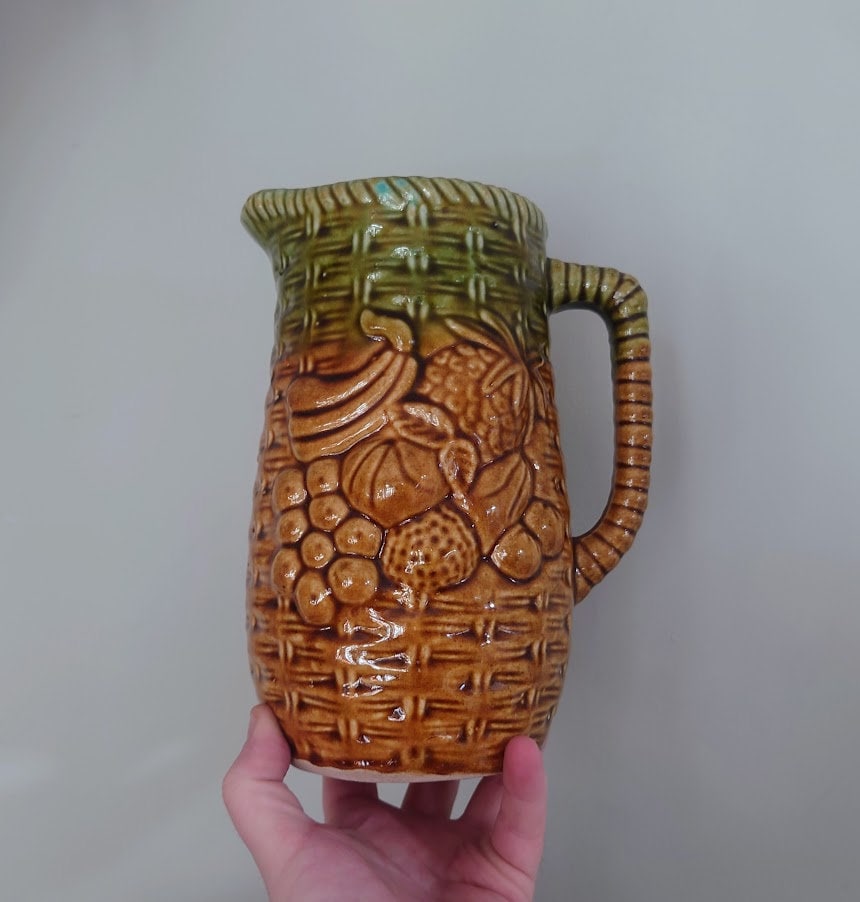 Vintage Jug Earthenware Majolica Style Made in Italy Jug and Cup Pitcher Set  Cocktail Jug, Juice Pitcher Pottery Jug Fruit Ceramic Pattern