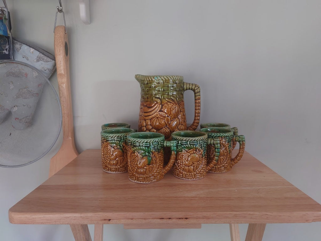 Vintage Jug Earthenware Majolica Style Made in Italy Jug and Cup Pitcher Set  Cocktail Jug, Juice Pitcher Pottery Jug Fruit Ceramic Pattern