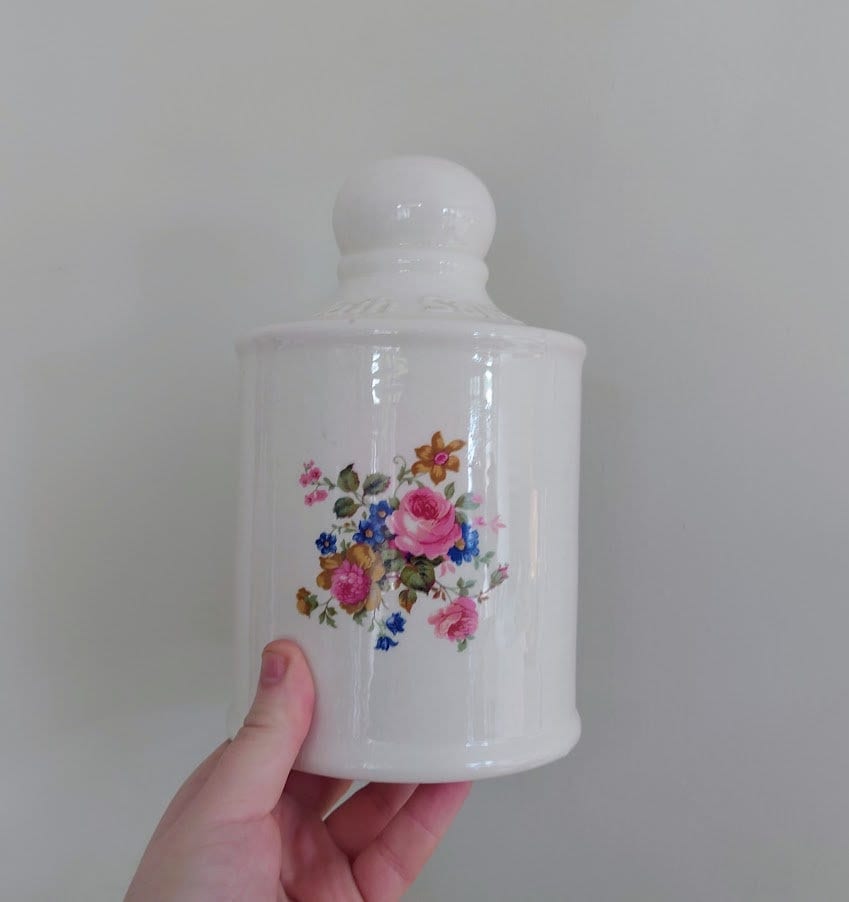 Vintage Ceramic Bath Salts Toilet Roll Holder Ceramic Toilet Paper Holder Pot bathroom décor vintage bathroom floral scene Price Kensington.