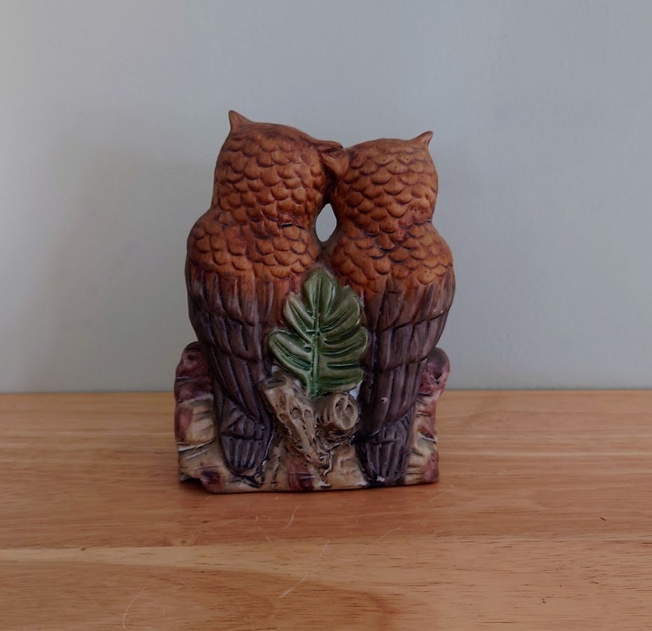 Vintage Owl Figurine Bird Ornament Brown Hoot Owl Ceramic Owl and Chick Barn Owl Kitsch