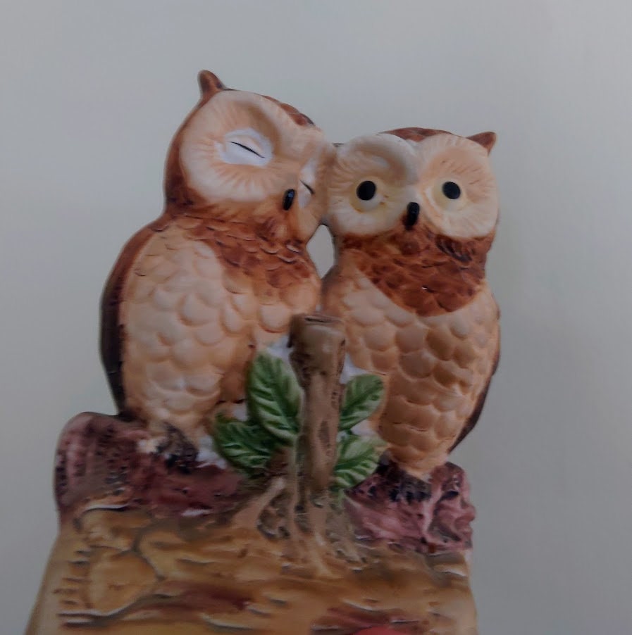 Vintage Owl Figurine Bird Ornament Brown Hoot Owl Ceramic Owl and Chick Barn Owl Kitsch