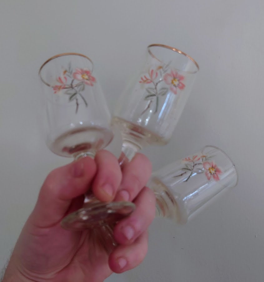 Vintage Drinking Glasses Wine/Port Floral Twisted Stem Modernist Liqueur Glasses 1970's Set of 6