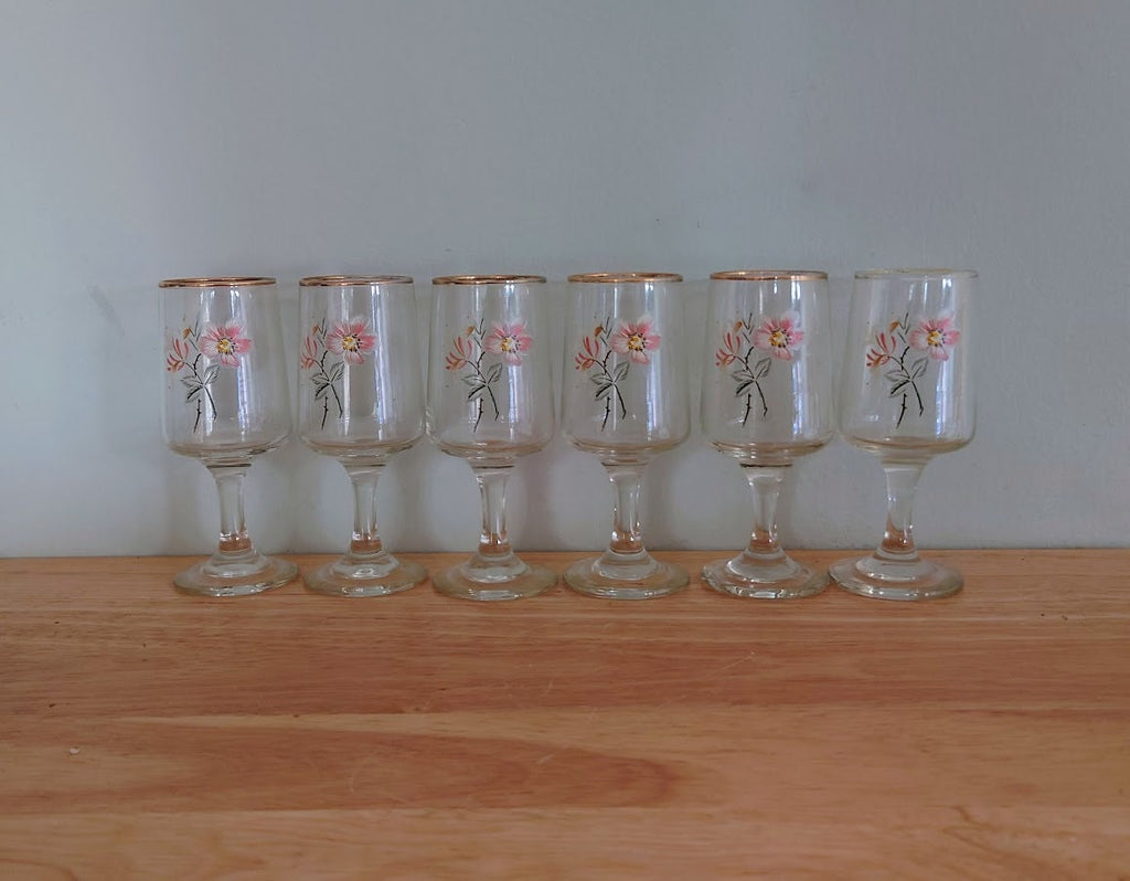 Vintage Drinking Glasses Wine/Port Floral Twisted Stem Modernist Liqueur Glasses 1970's Set of 6