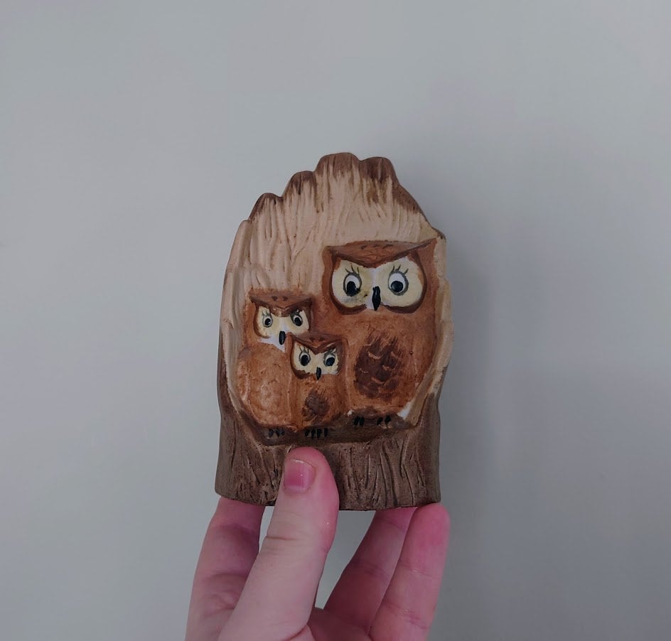 Vintage Owl Figurine Bird Ornament Brown Hoot Owl Ceramic Owl and Chick Barn Owl Kitsch