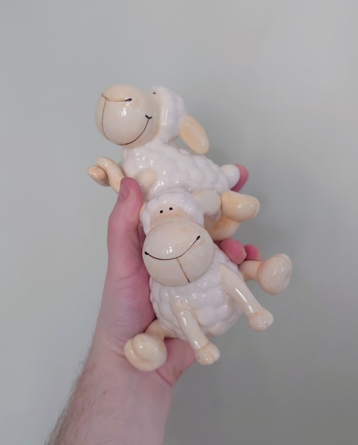 Sheep Figurine Set of 2 Ceramic Sheep Figures Kitsch Sheep Cute Lamb Baby Animal Farm Yard Ceramic Ornament  Sheep Children's Nursery Décor