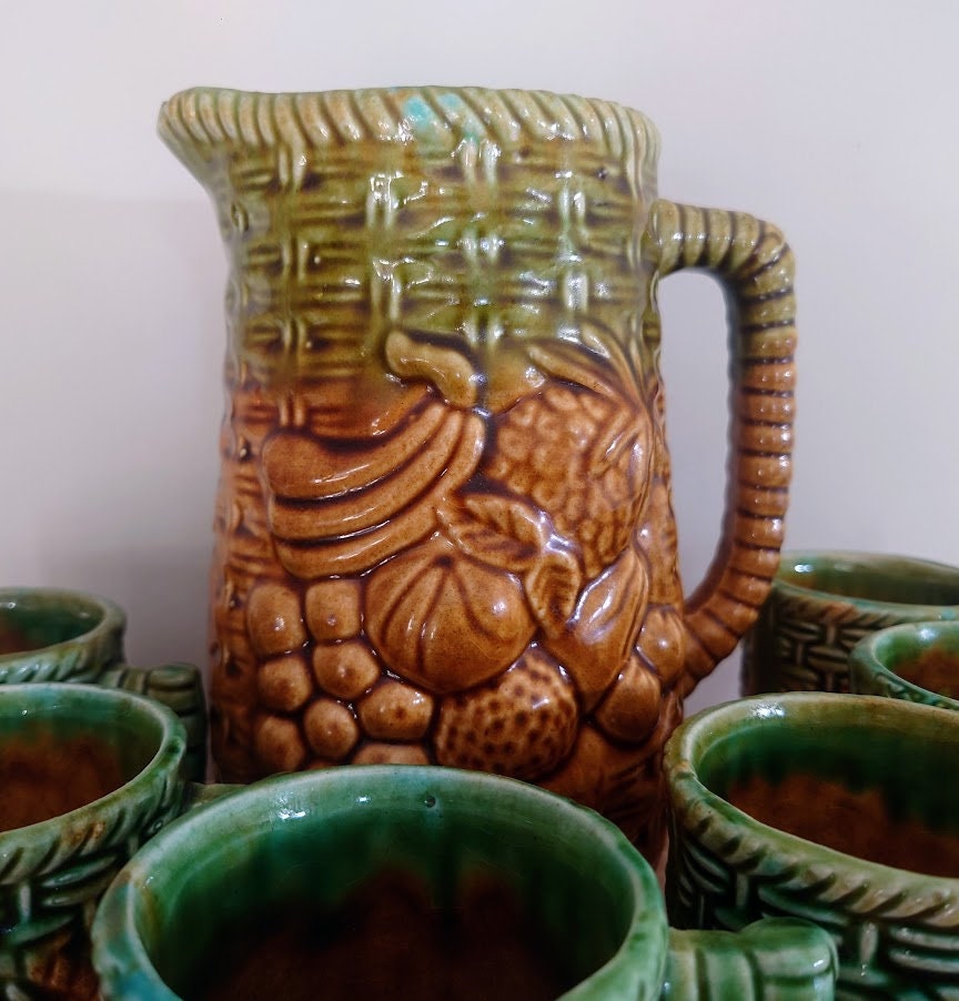 Vintage Jug Earthenware Majolica Style Made in Italy Jug and Cup Pitcher Set  Cocktail Jug, Juice Pitcher Pottery Jug Fruit Ceramic Pattern