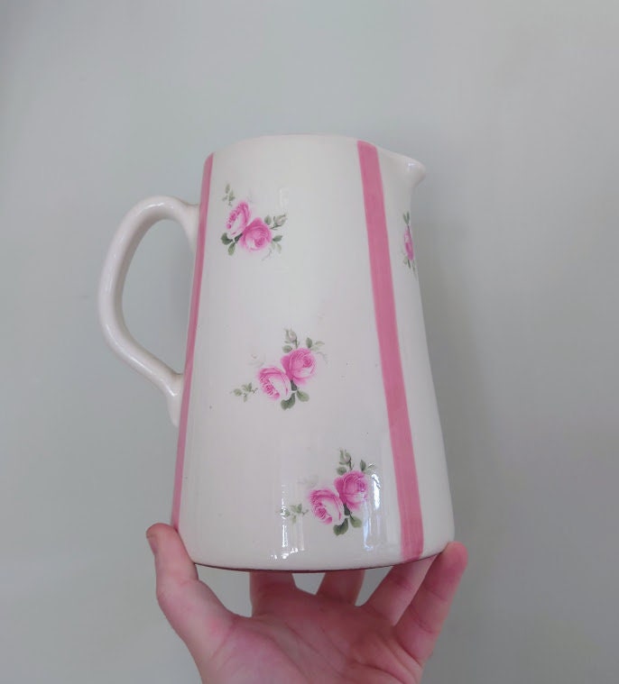 Vintage Floral Jug White and Red Rose Ceramic Pottery Jug Decorative Jug Vase Home Décor Flower Vase