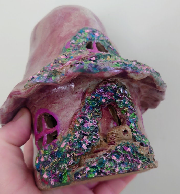 Vintage Pottery House Mushroom Fairy Toad House Handmade Sculpture Garden Ornament Enchanted Fairy tale Tea Light Candle Holder