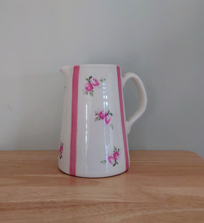 Vintage Floral Jug White and Red Rose Ceramic Pottery Jug Decorative Jug Vase Home Décor Flower Vase