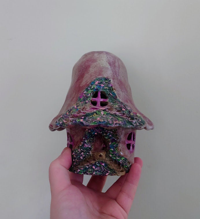 Vintage Pottery House Mushroom Fairy Toad House Handmade Sculpture Garden Ornament Enchanted Fairy tale Tea Light Candle Holder