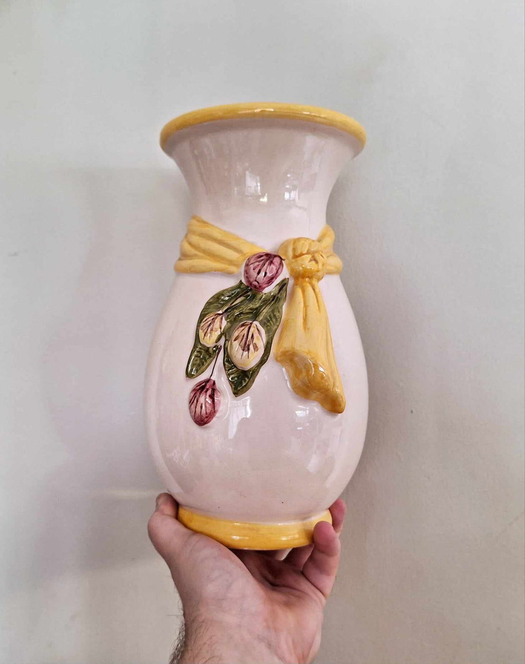Vintage Cream Earthenware Pottery Vase  Glazed Pottery Light Cream with Floral Bow Vase Cream Glazed Ceramic Vase Mid Century Modern