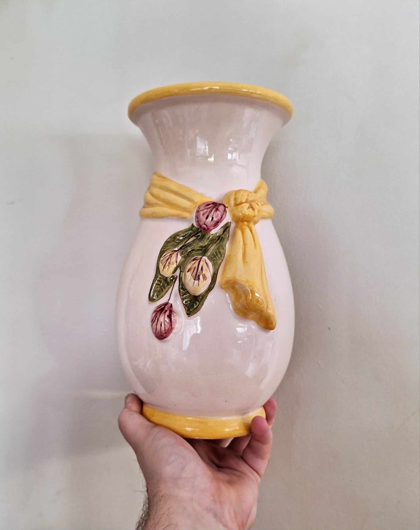 Vintage Cream Earthenware Pottery Vase  Glazed Pottery Light Cream with Floral Bow Vase Cream Glazed Ceramic Vase Mid Century Modern