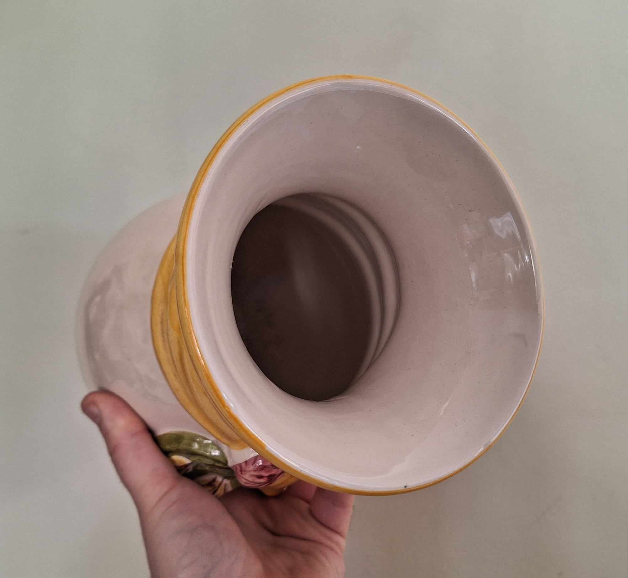 Vintage Cream Earthenware Pottery Vase  Glazed Pottery Light Cream with Floral Bow Vase Cream Glazed Ceramic Vase Mid Century Modern