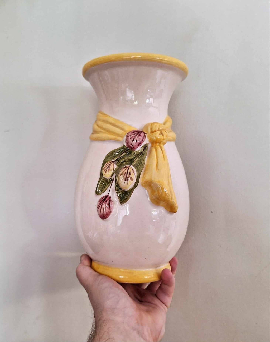 Vintage Cream Earthenware Pottery Vase  Glazed Pottery Light Cream with Floral Bow Vase Cream Glazed Ceramic Vase Mid Century Modern
