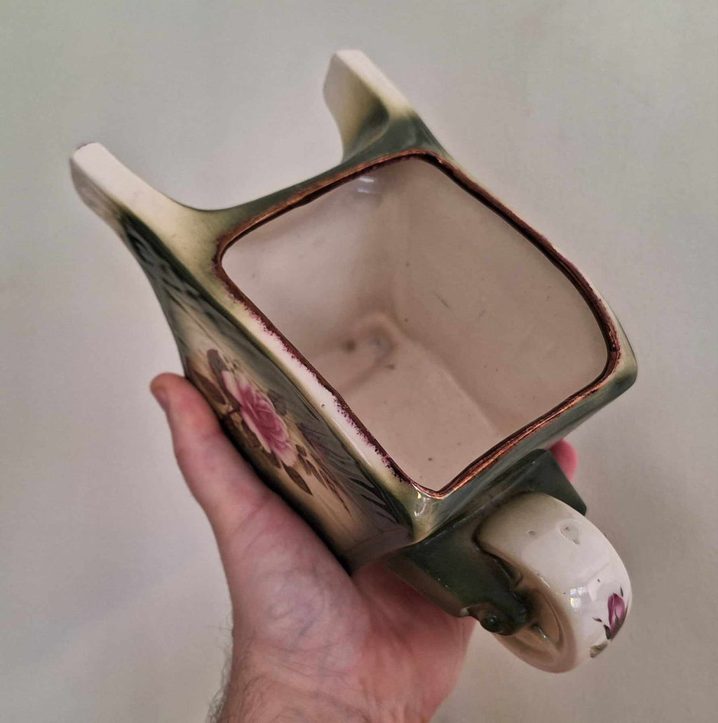 Planter Antique Miniature Planter Ceramic decorated Wheel Barrow  - Oddity - Curiosity Ceramic Flower Planter