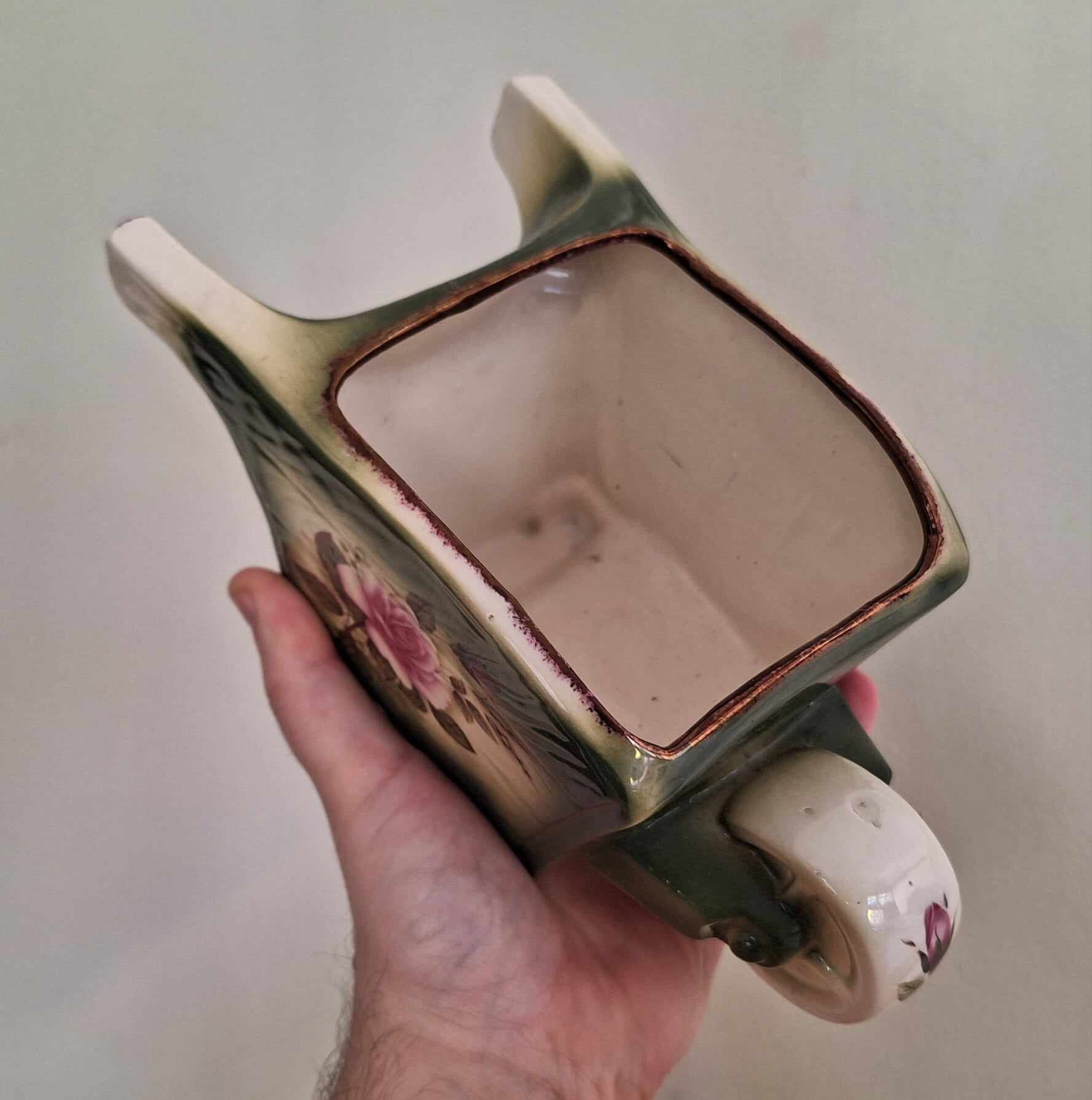 Planter Antique Miniature Planter Ceramic decorated Wheel Barrow  - Oddity - Curiosity Ceramic Flower Planter