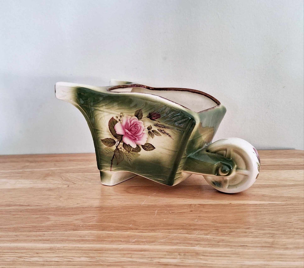 Planter Antique Miniature Planter Ceramic decorated Wheel Barrow  - Oddity - Curiosity Ceramic Flower Planter