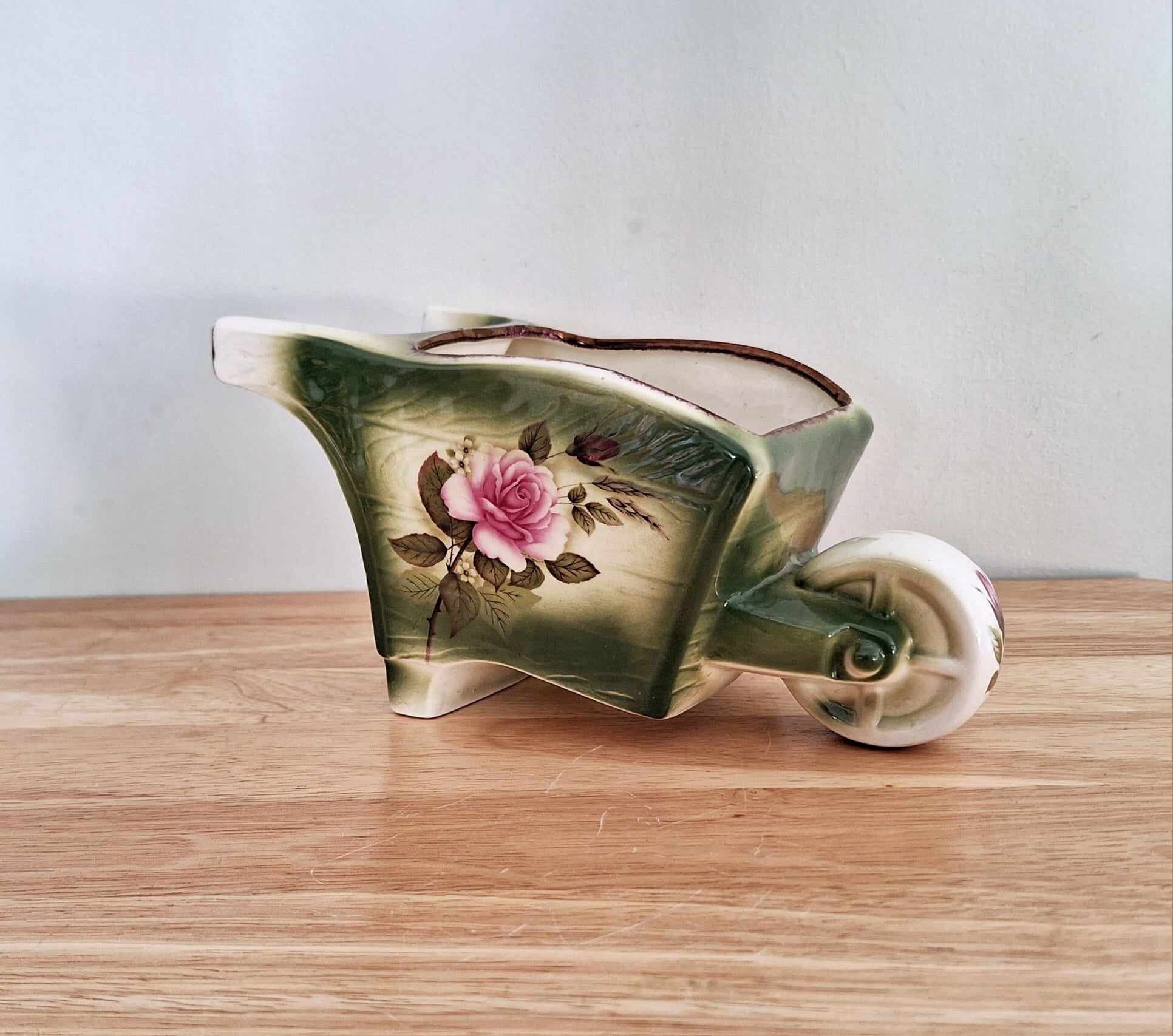 Planter Antique Miniature Planter Ceramic decorated Wheel Barrow  - Oddity - Curiosity Ceramic Flower Planter