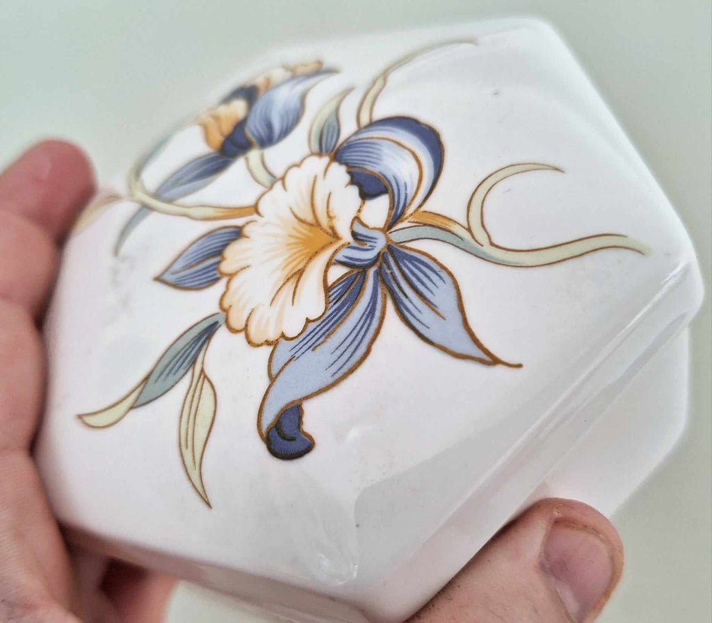 Aynsley Lidded Jar Trinket Box  "Just Orchids" Hexagonal Box & Lid fine Bone China Porcelain Made in England  Pattern Collectable Vintage