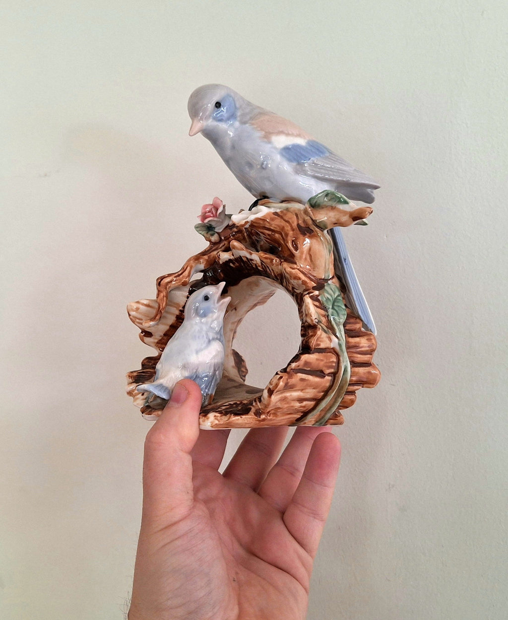 Vintage Bird Figurine on Log Collectable Birds Porcelain Birds Mother and Chick Floral Leaves and Log Figurine Lladro style Bird Figurine