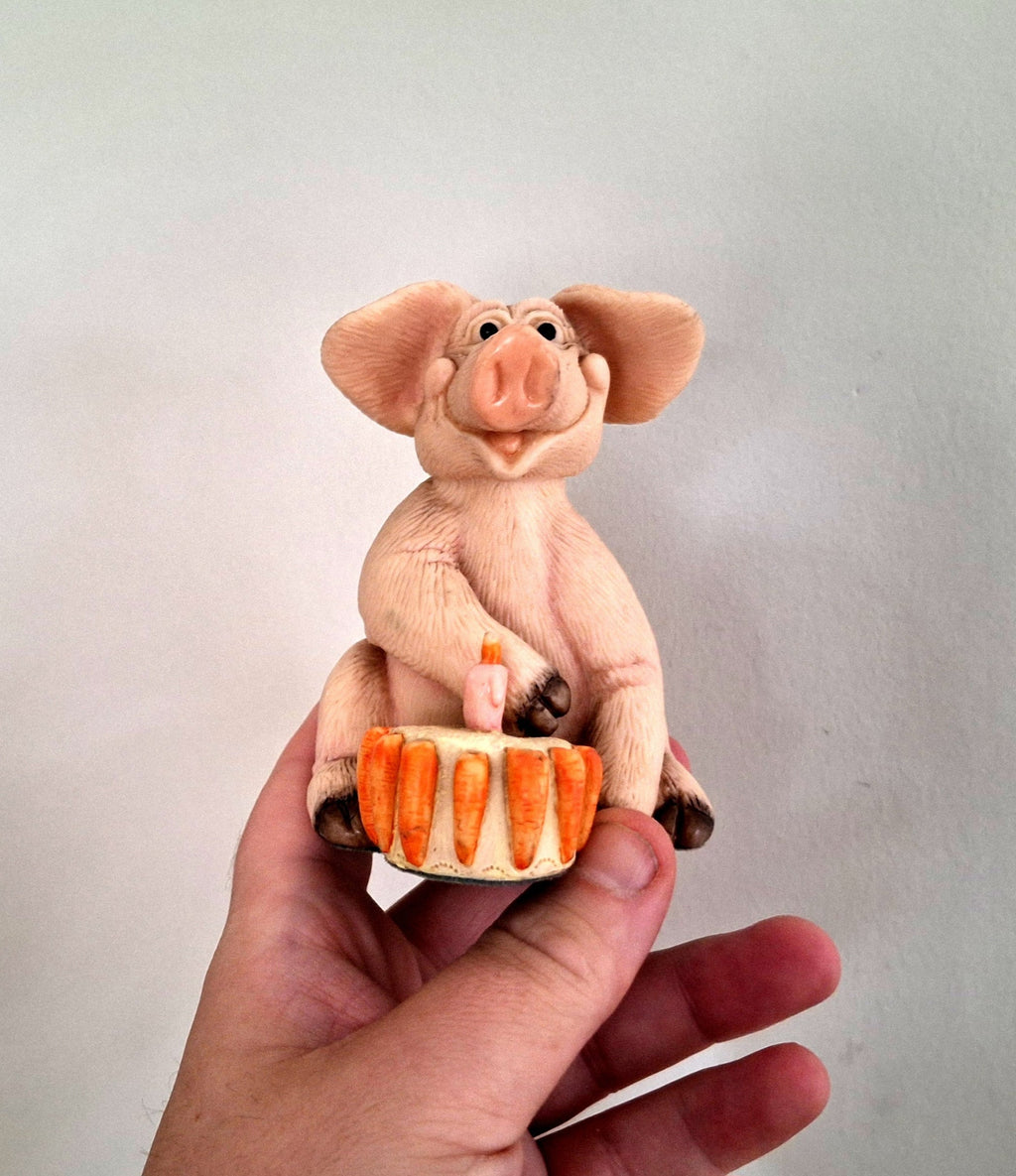 Vintage Pig Figurine Pigtails Collectable Pig Ornament Kitsch Pig Statue Pig  Retired Piggin 'Happy Birthday'''