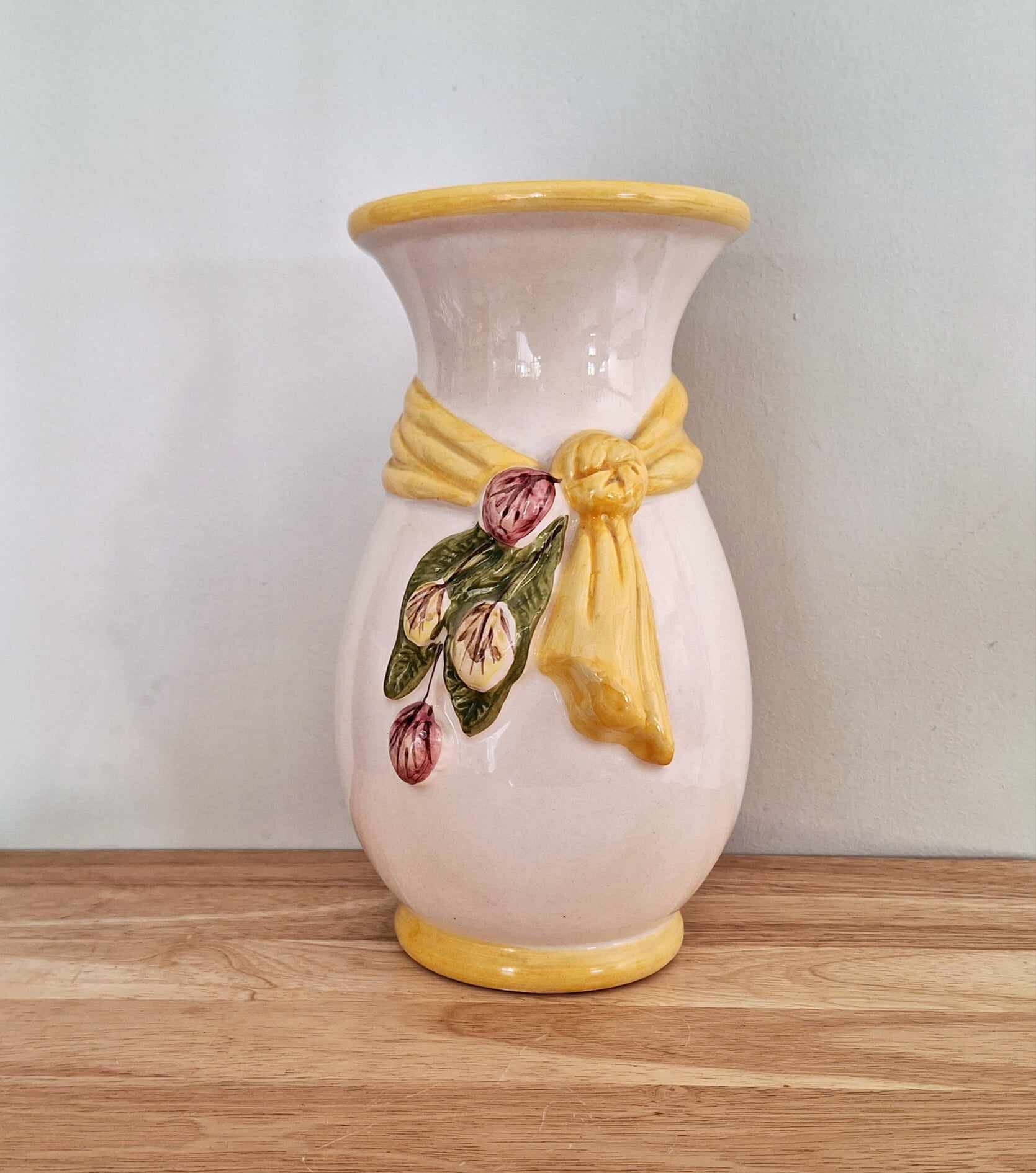 Vintage Cream Earthenware Pottery Vase  Glazed Pottery Light Cream with Floral Bow Vase Cream Glazed Ceramic Vase Mid Century Modern