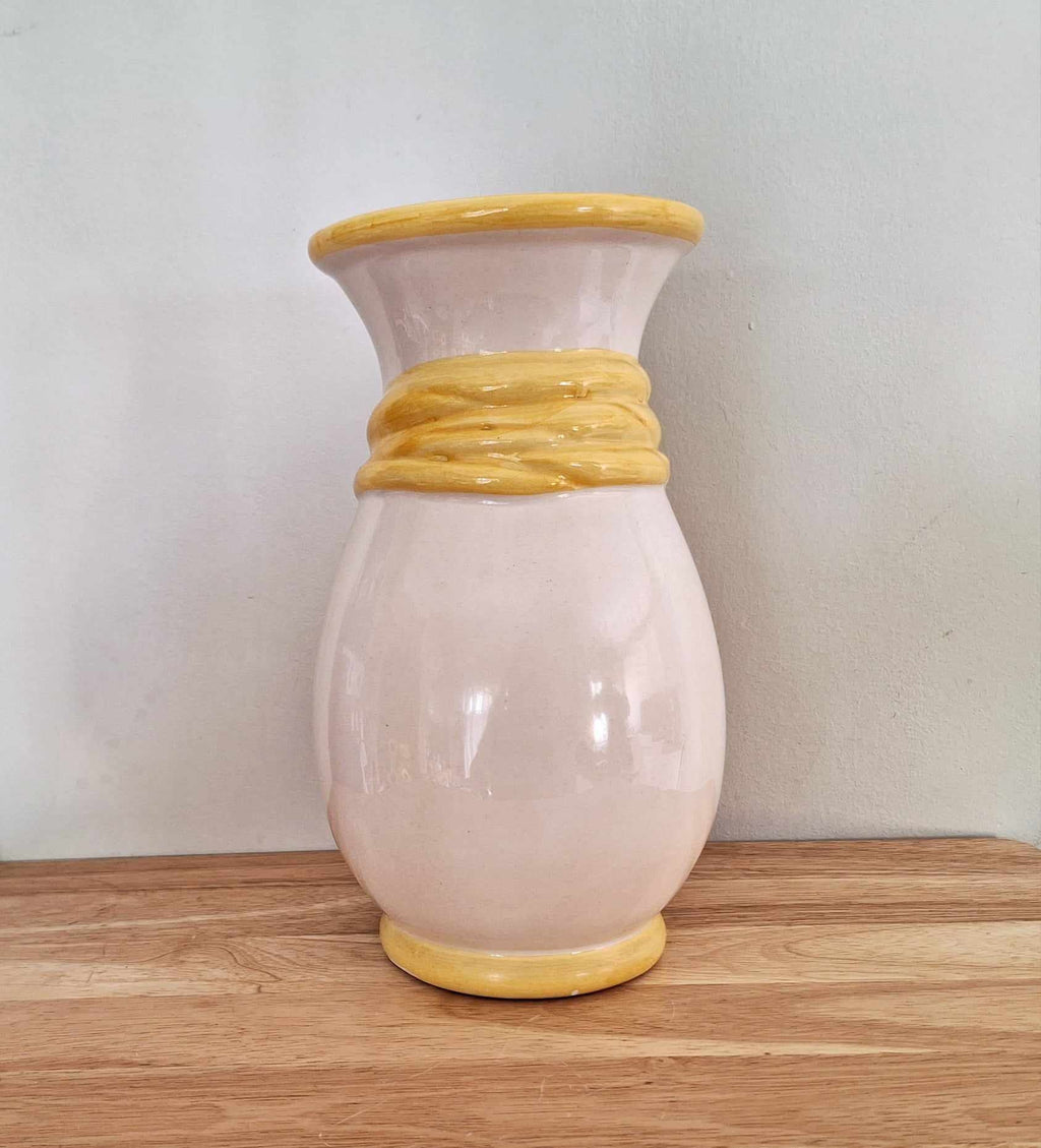 Vintage Cream Earthenware Pottery Vase  Glazed Pottery Light Cream with Floral Bow Vase Cream Glazed Ceramic Vase Mid Century Modern