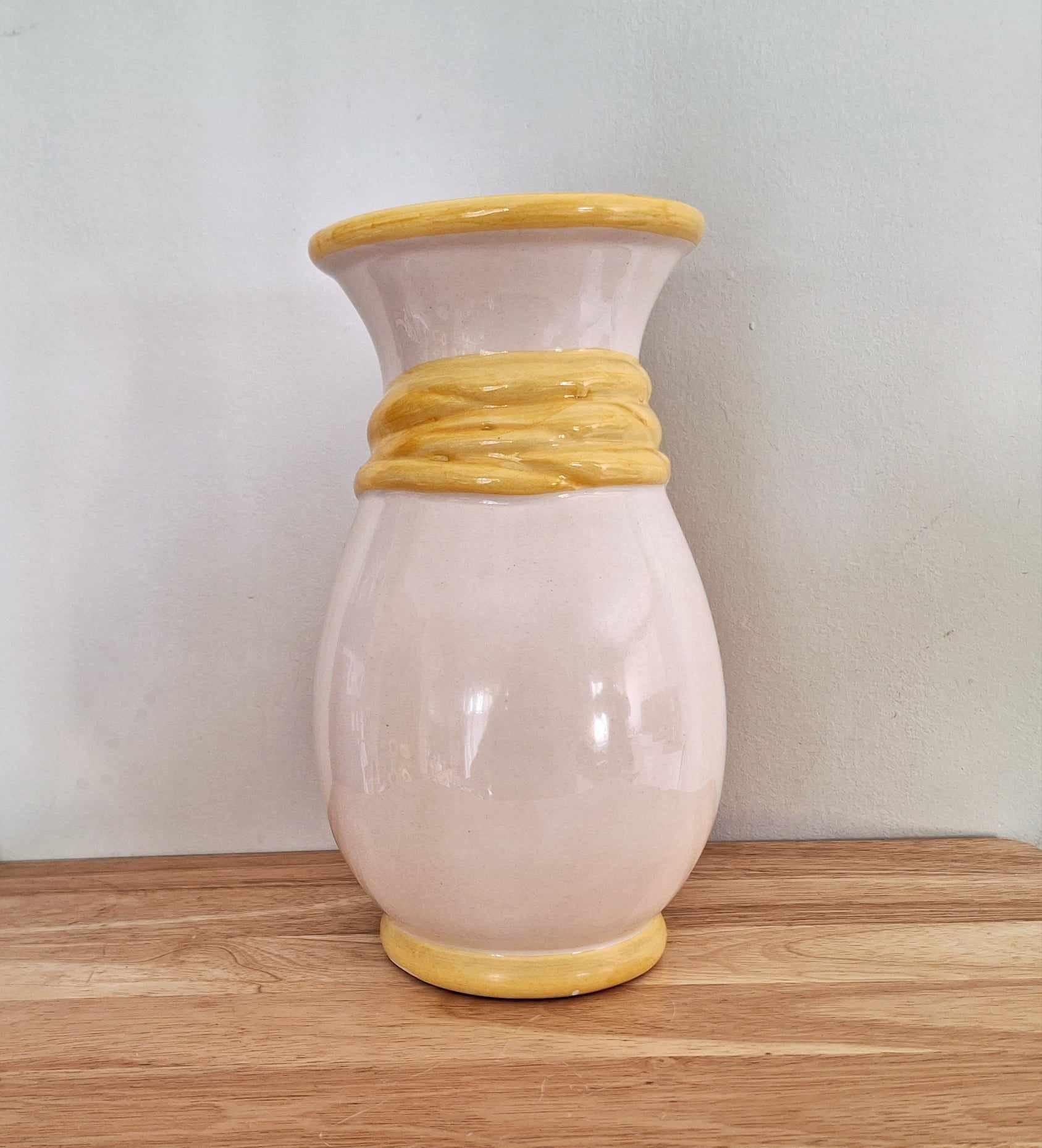 Vintage Cream Earthenware Pottery Vase  Glazed Pottery Light Cream with Floral Bow Vase Cream Glazed Ceramic Vase Mid Century Modern
