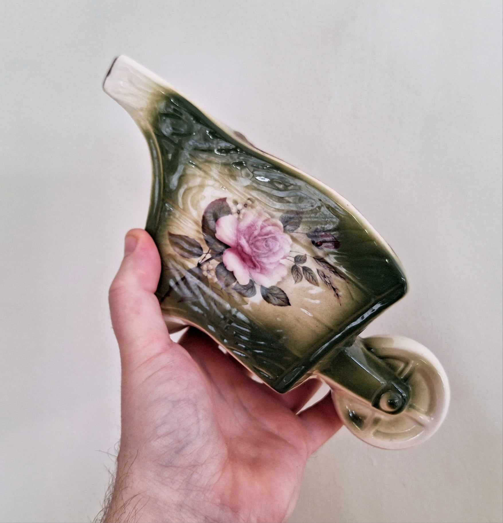 Planter Antique Miniature Planter Ceramic decorated Wheel Barrow  - Oddity - Curiosity Ceramic Flower Planter