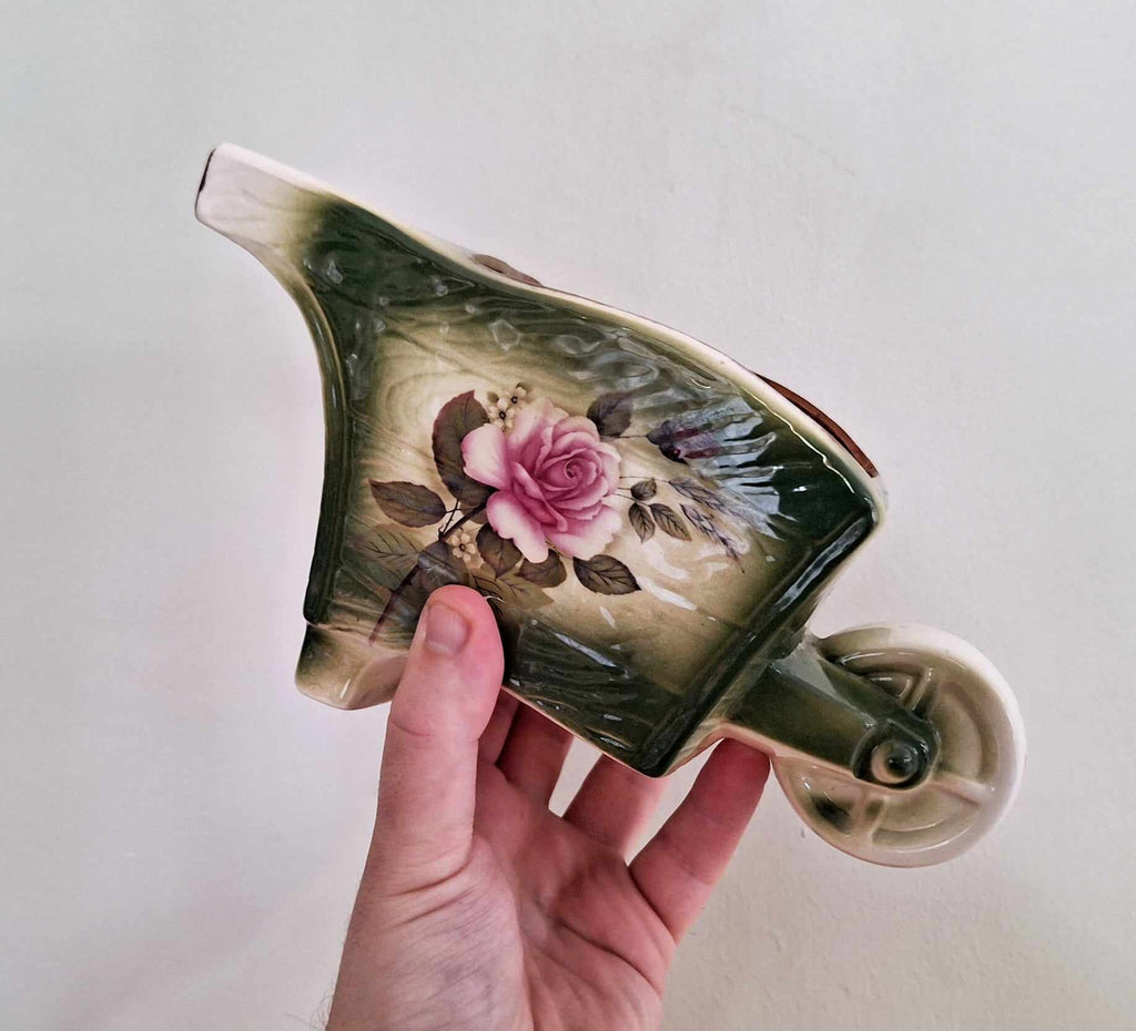 Planter Antique Miniature Planter Ceramic decorated Wheel Barrow  - Oddity - Curiosity Ceramic Flower Planter