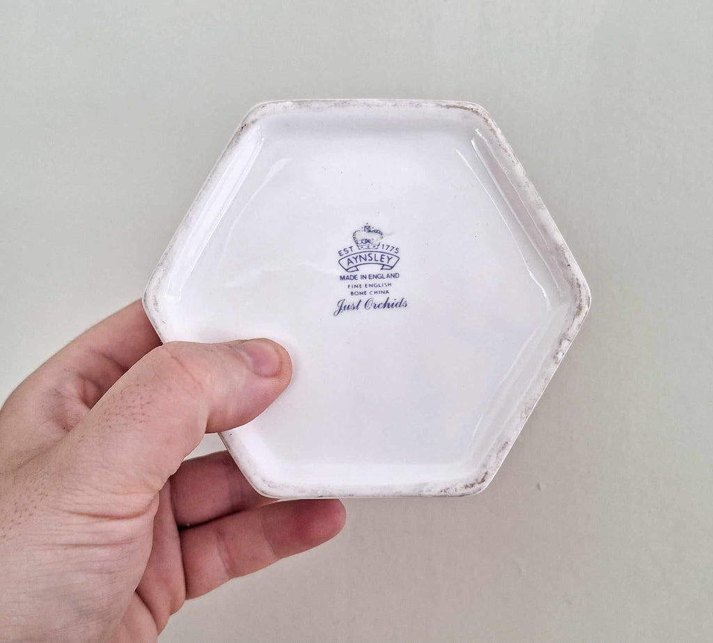 Aynsley Lidded Jar Trinket Box  "Just Orchids" Hexagonal Box & Lid fine Bone China Porcelain Made in England  Pattern Collectable Vintage