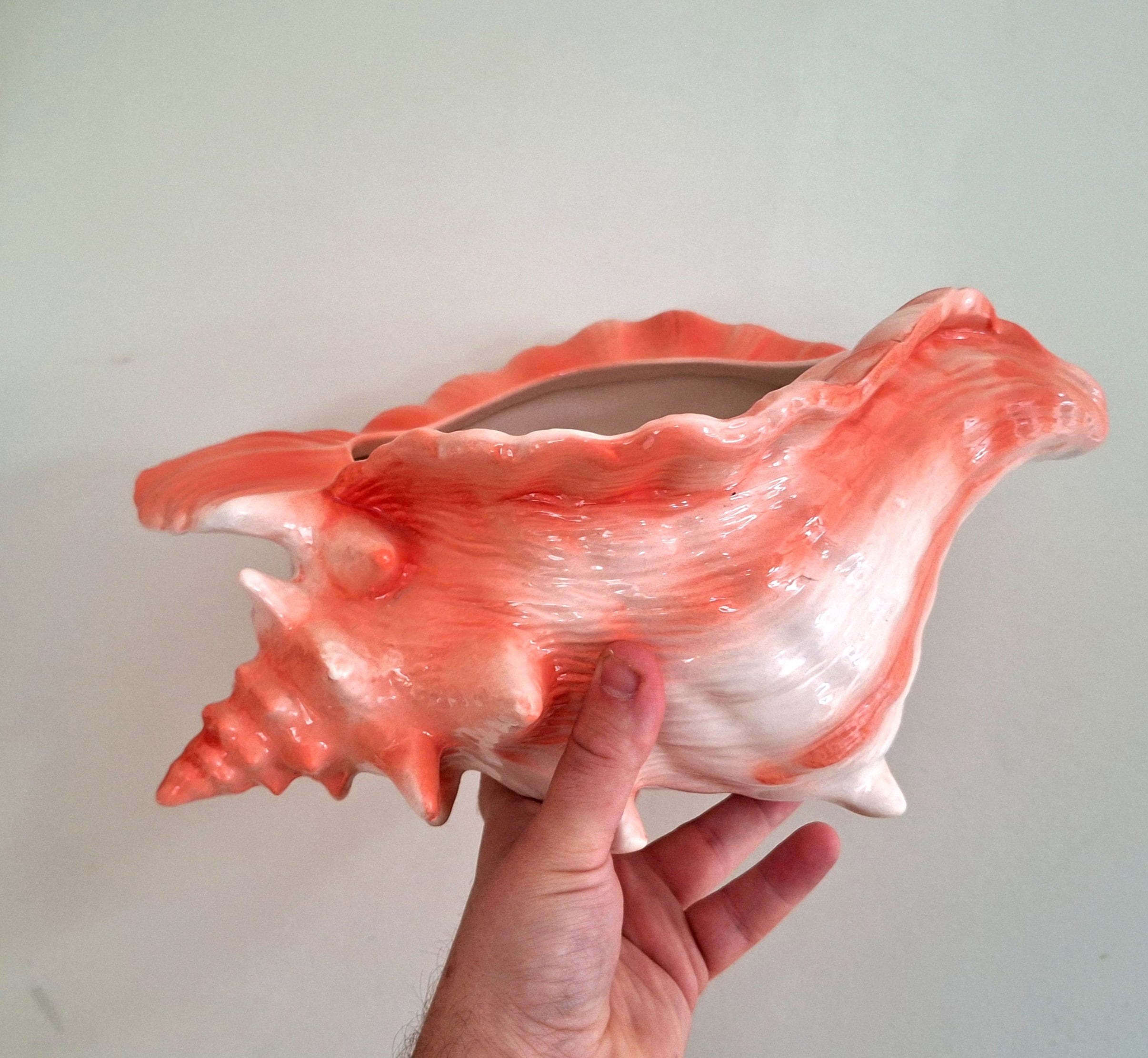 Large Vintage Large Planter Indoor Plant Pot Coral Pink Floral Gold Gilt Ceramic Planter Conch Shell Pot Pourri