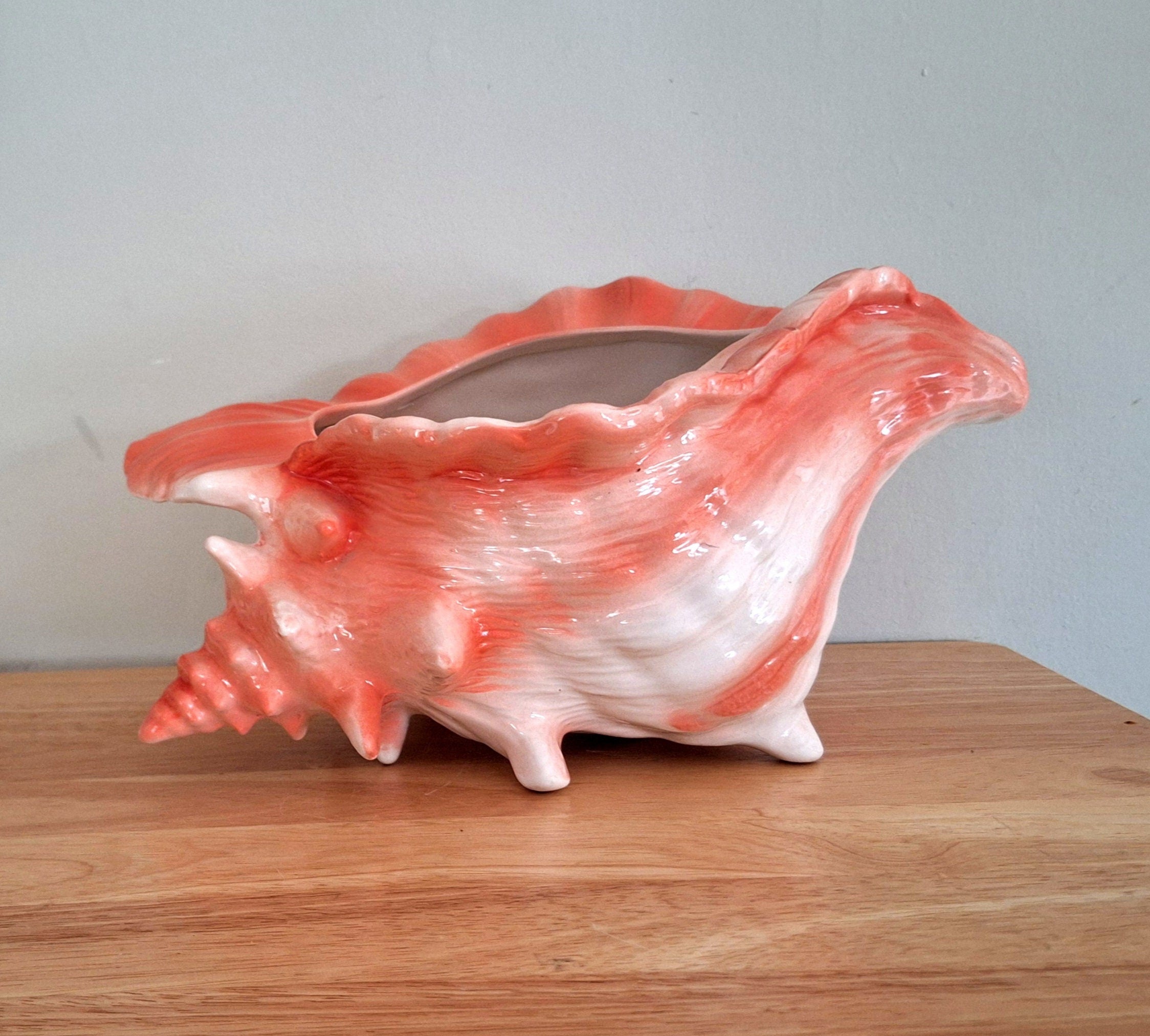 Large Vintage Large Planter Indoor Plant Pot Coral Pink Floral Gold Gilt Ceramic Planter Conch Shell Pot Pourri