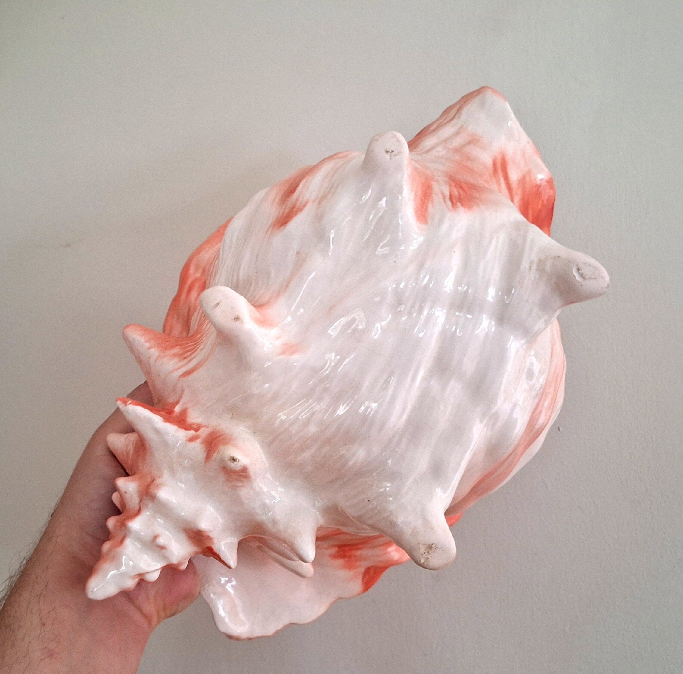 Large Vintage Large Planter Indoor Plant Pot Coral Pink Floral Gold Gilt Ceramic Planter Conch Shell Pot Pourri