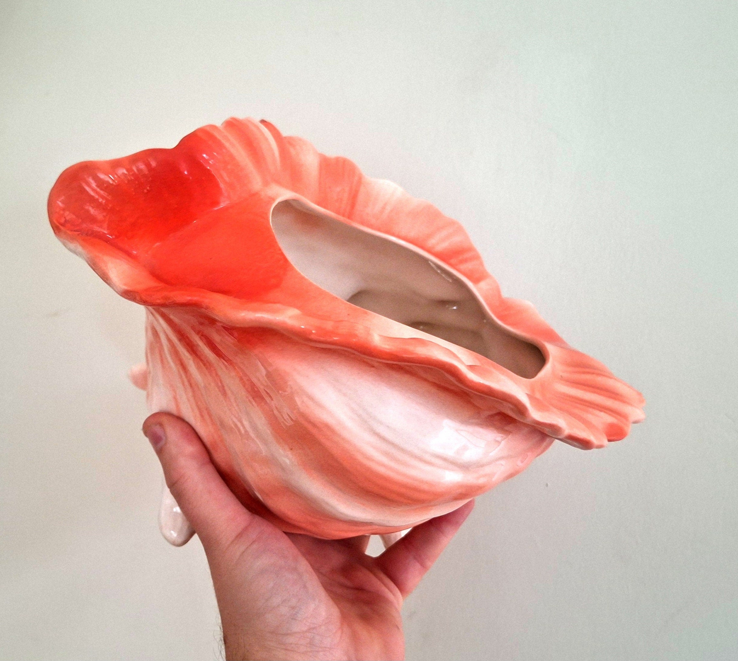 Large Vintage Large Planter Indoor Plant Pot Coral Pink Floral Gold Gilt Ceramic Planter Conch Shell Pot Pourri