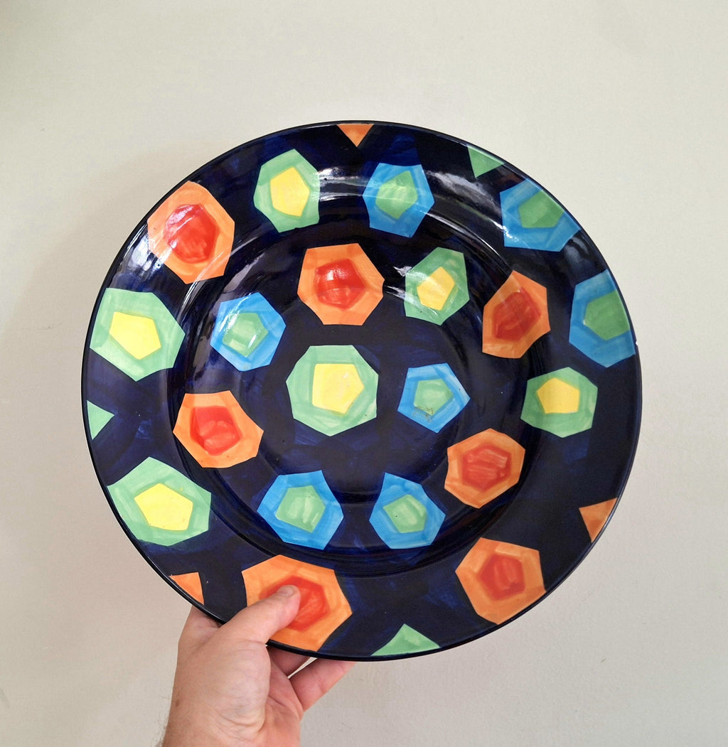 Vibrant Hand-Painted Large Ceramic Bowl  Geometric Design Fruit Bowl | Made in Vietnam | Colourful Home Décor | Artisan Craftsmanship