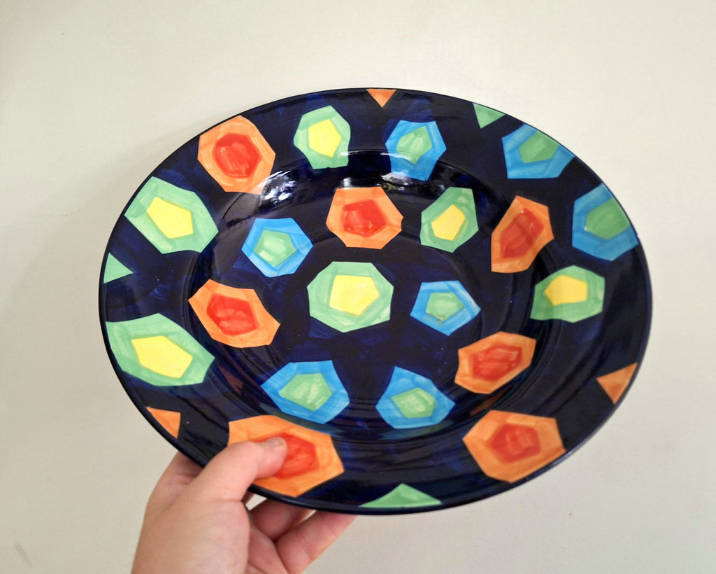 Vibrant Hand-Painted Large Ceramic Bowl  Geometric Design Fruit Bowl | Made in Vietnam | Colourful Home Décor | Artisan Craftsmanship