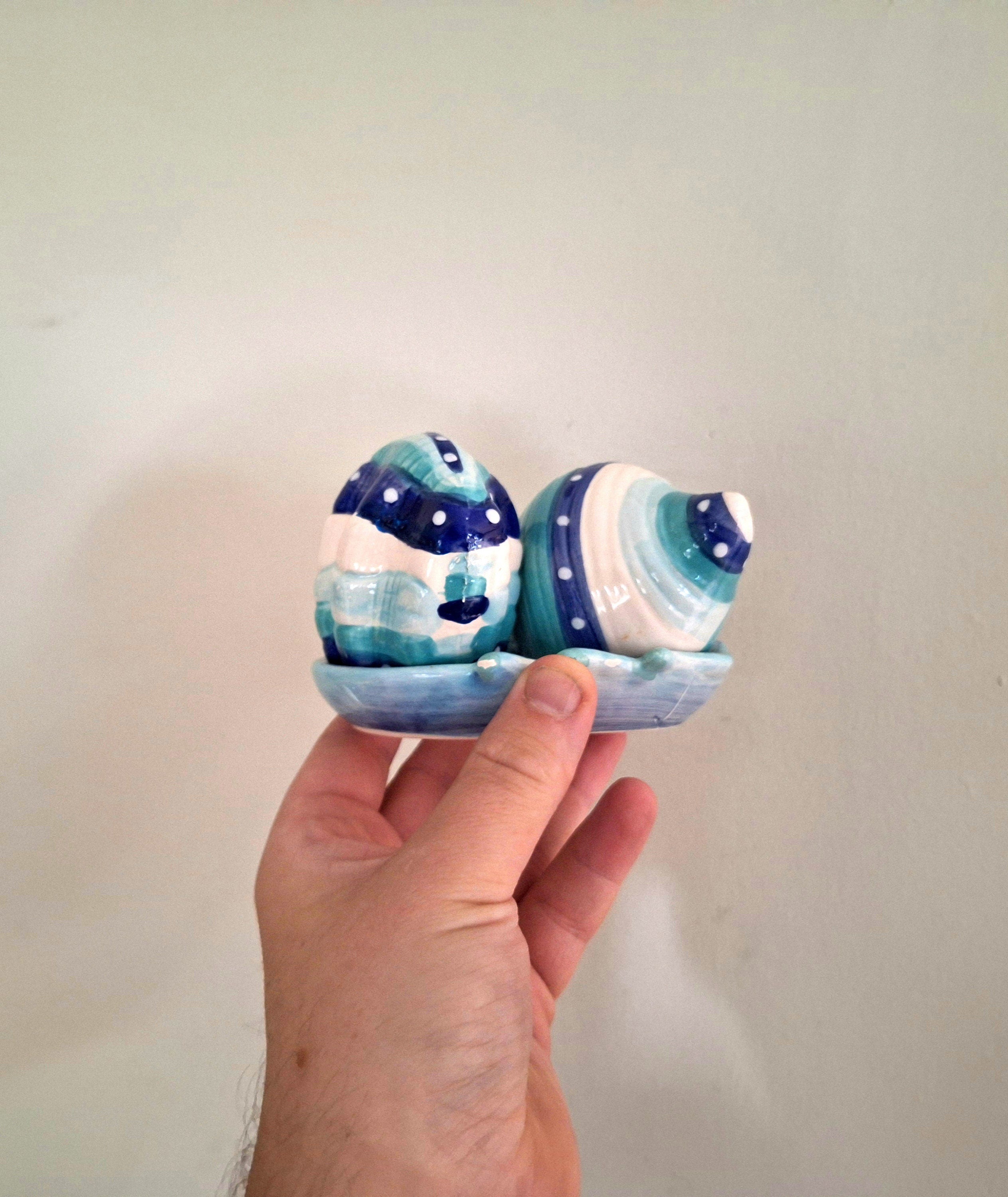 Vintage Sea Shell Salt and Pepper Shakers  Hand-Painted Ceramic Cruets with Holder | Coastal Kitchen Decor | Collectible Tableware