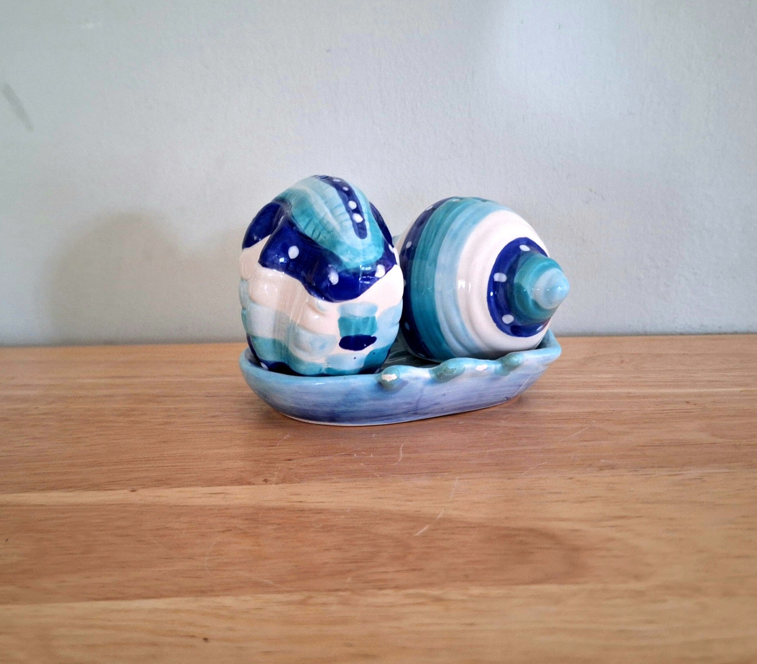 Vintage Sea Shell Salt and Pepper Shakers  Hand-Painted Ceramic Cruets with Holder | Coastal Kitchen Decor | Collectible Tableware