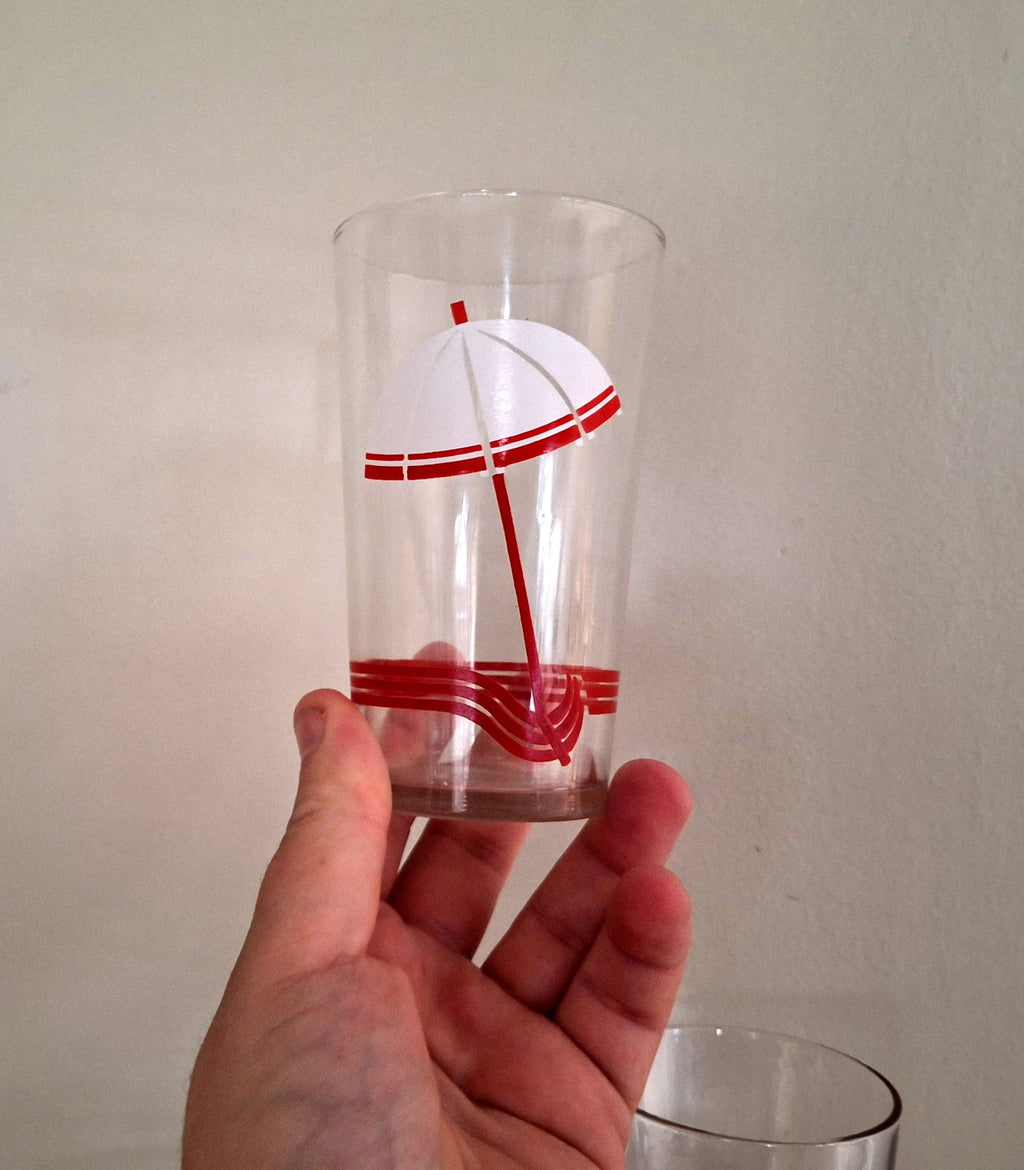 Set of 6 Vintage Drinking Glasses  Retro Umbrella Design | Mid-Century Modern Glassware | Collectible Barware