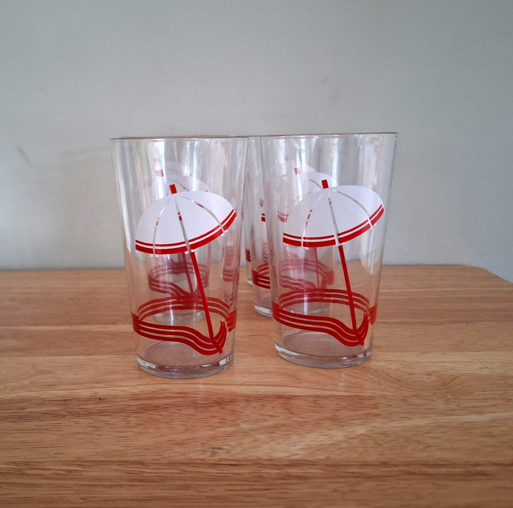Set of 6 Vintage Drinking Glasses  Retro Umbrella Design | Mid-Century Modern Glassware | Collectible Barware