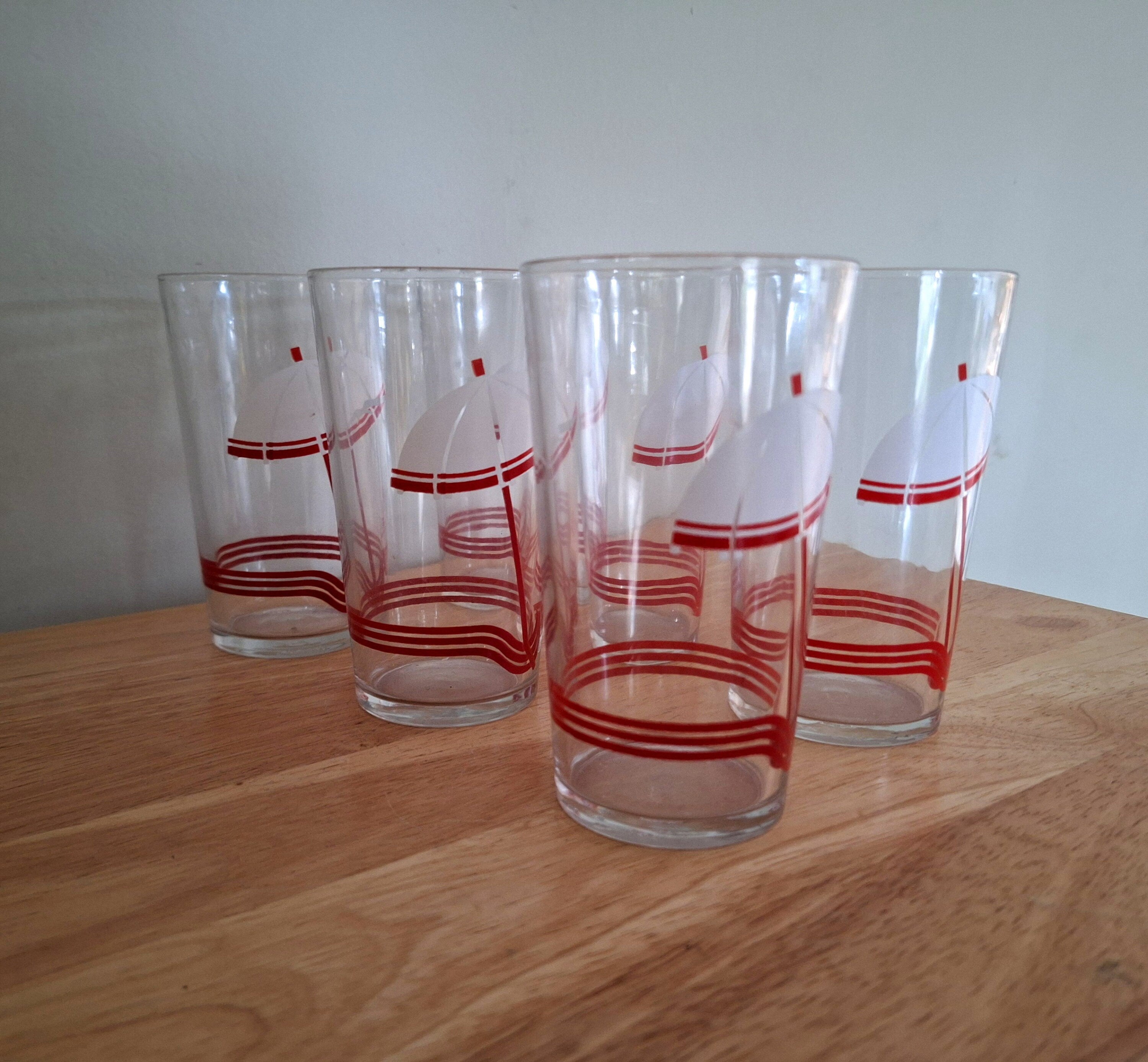 Set of 6 Vintage Drinking Glasses  Retro Umbrella Design | Mid-Century Modern Glassware | Collectible Barware