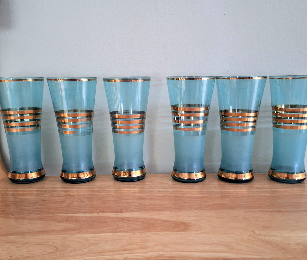 Mid-Century Modern Blue and Gold Pitcher Set  Vintage Glassware with 6 Glasses | Collectible Drinkware | Retro Barware