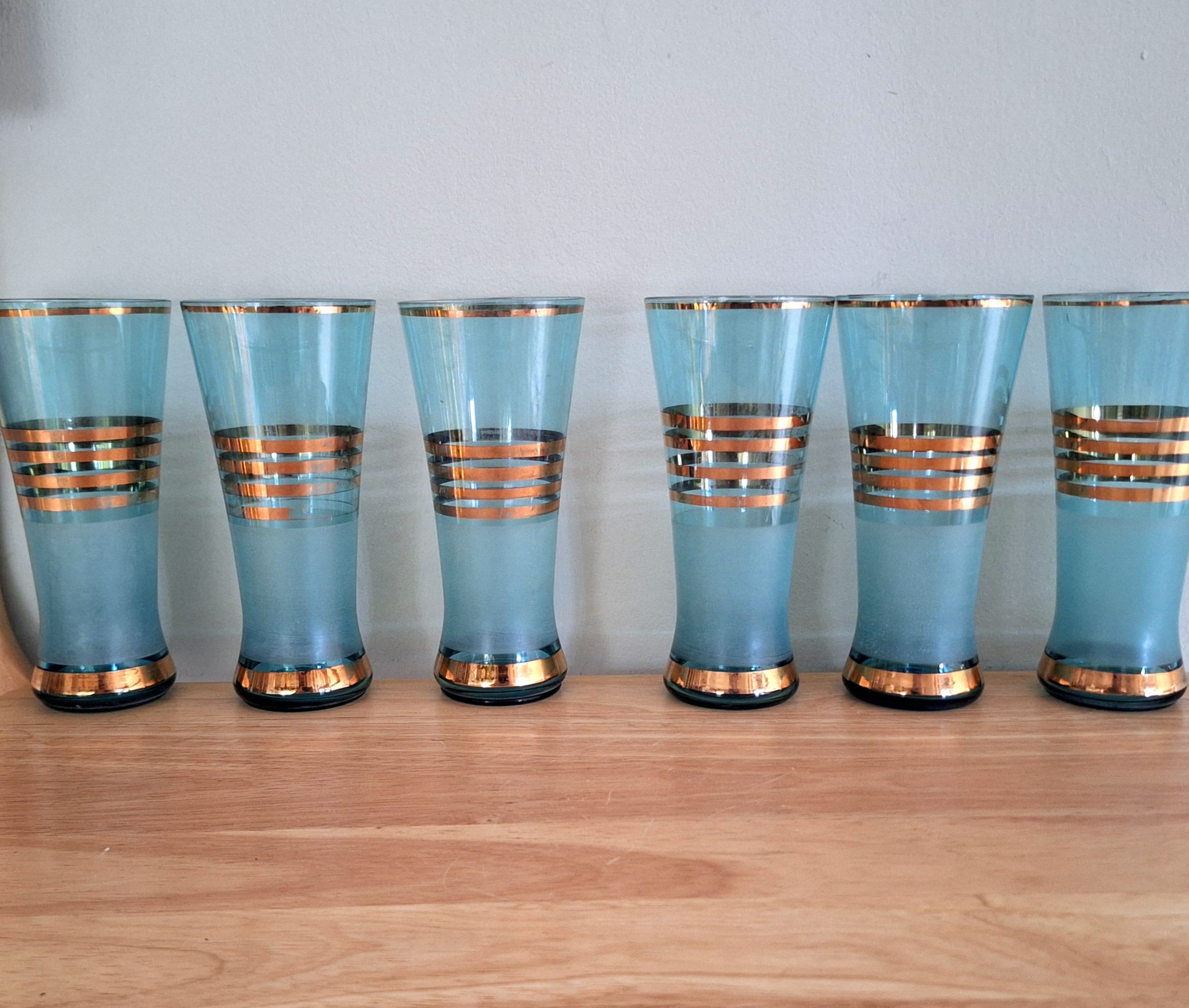Mid-Century Modern Blue and Gold Pitcher Set  Vintage Glassware with 6 Glasses | Collectible Drinkware | Retro Barware