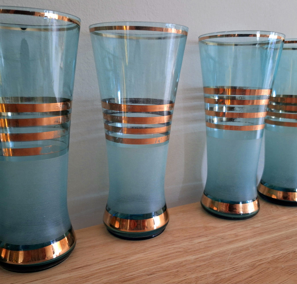 Mid-Century Modern Blue and Gold Pitcher Set  Vintage Glassware with 6 Glasses | Collectible Drinkware | Retro Barware