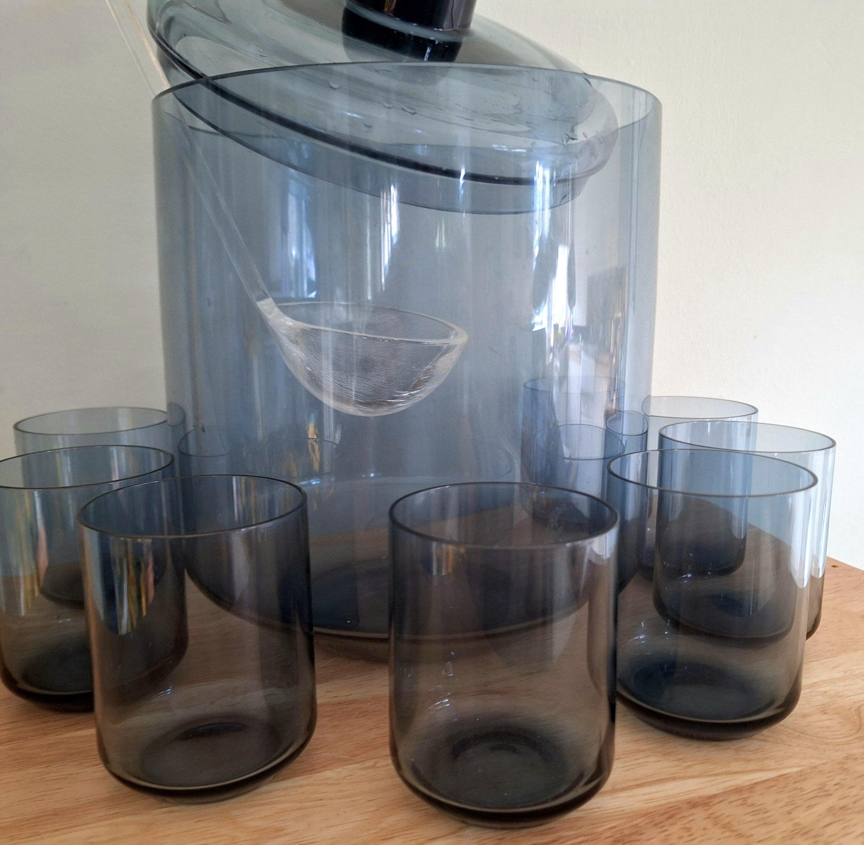 Vintage Mid-Century Modern Punch Bowl Set with Lid and 8 Glasses  Smoke Glass | Retro Drinkware | Party Serveware