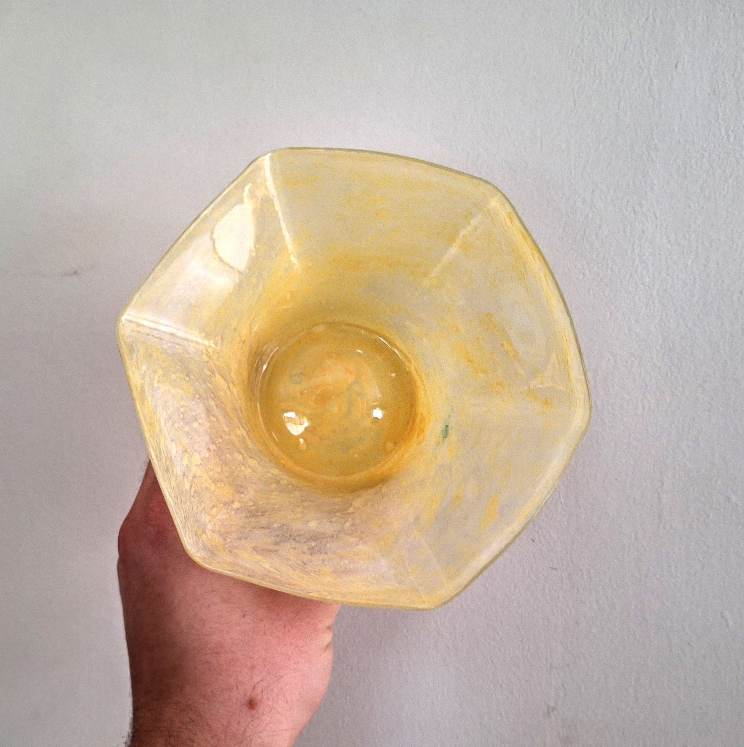 Vintage Mid-Century Art Glass Bowl  Handcrafted Yellow Marbled Glass | Collectible Decorative Bowl