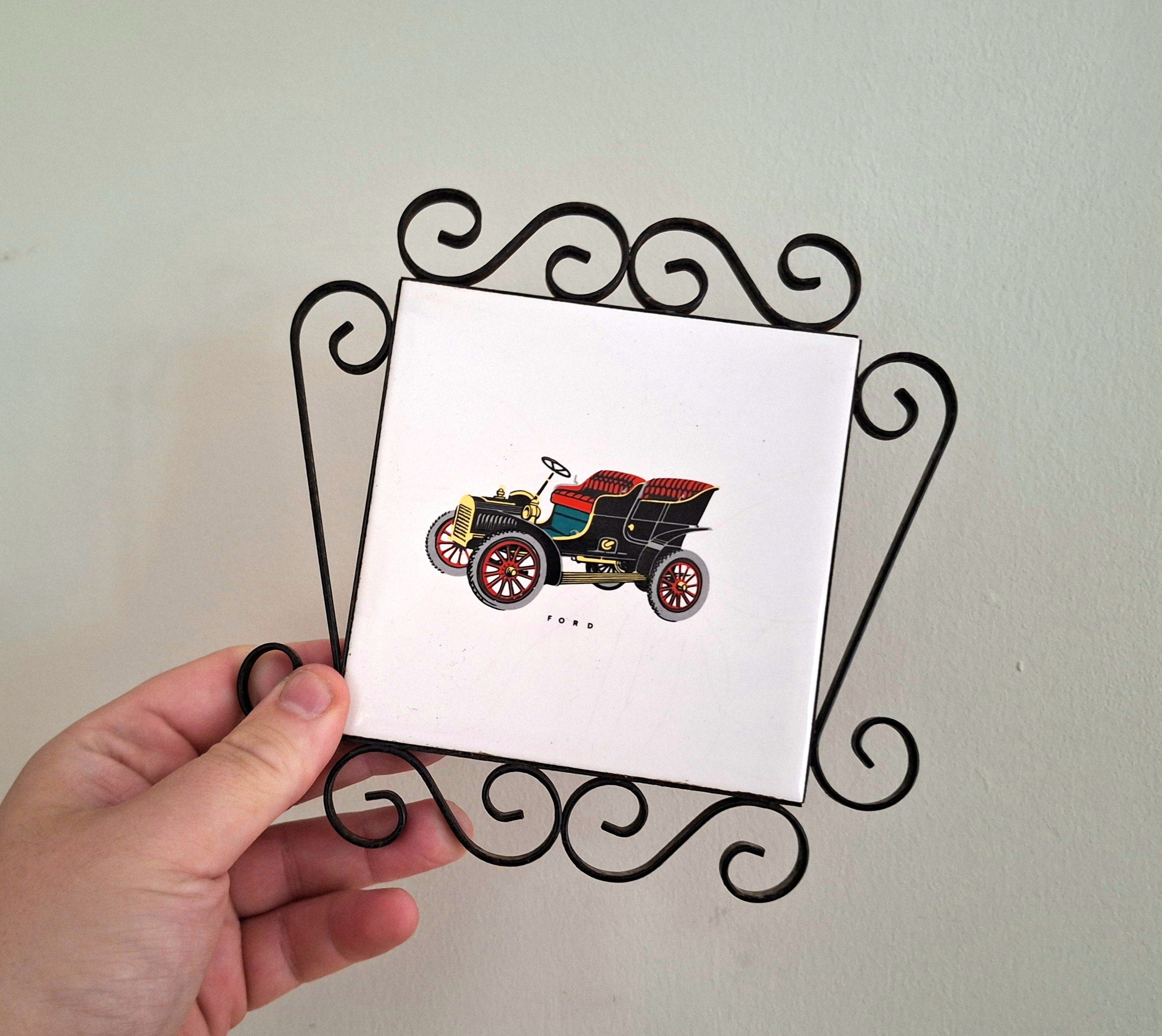 Vintage Car Tile Drinks Mat  Retro Ford Design Ceramic Coaster with Black Metal Frame | Classic Car Enthusiast Gift Antique Car Home Décor