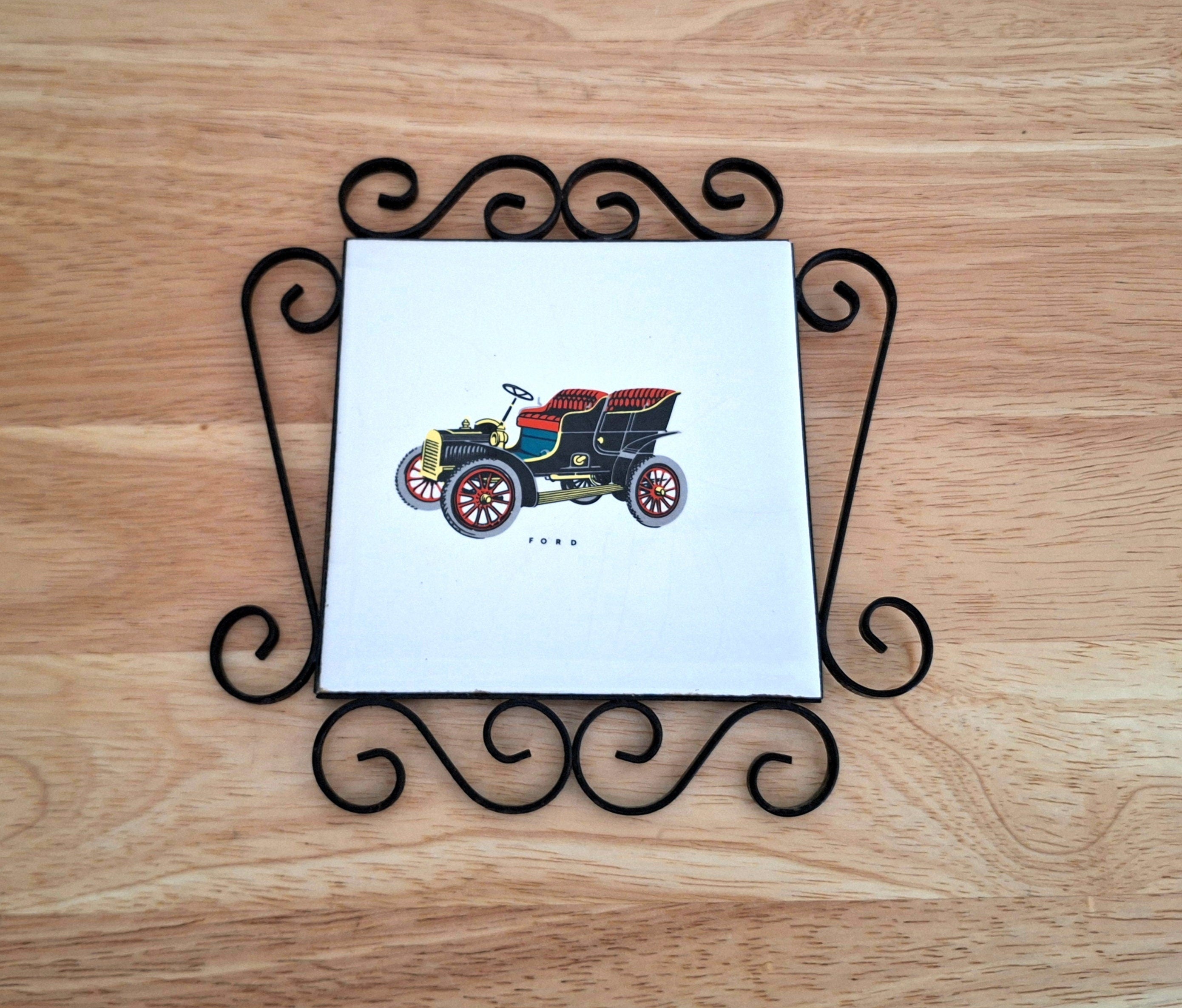 Vintage Car Tile Drinks Mat  Retro Ford Design Ceramic Coaster with Black Metal Frame | Classic Car Enthusiast Gift Antique Car Home Décor