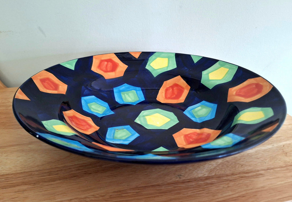 Vibrant Hand-Painted Large Ceramic Bowl  Geometric Design Fruit Bowl | Made in Vietnam | Colourful Home Décor | Artisan Craftsmanship